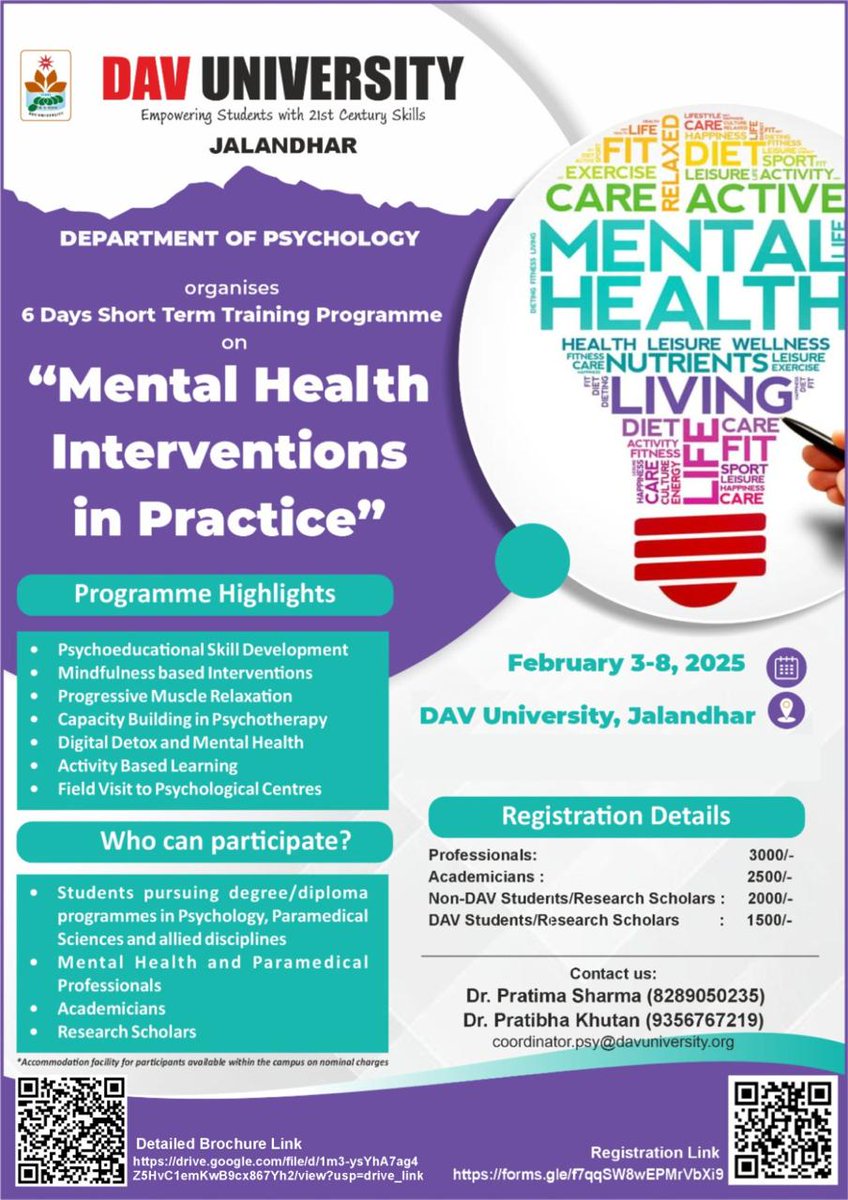 𝗗𝗔𝗩 𝗨𝗻𝗶𝘃𝗲𝗿𝘀𝗶𝘁𝘆, 𝗝𝗮𝗹𝗮𝗻𝗱𝗵𝗮𝗿 invites you to participate in a 6 Day Short Term Training Programme (STTP) on " *𝘔𝘦𝘯𝘵𝘢𝘭 𝘏𝘦𝘢𝘭𝘵𝘩 𝘐𝘯𝘵𝘦𝘳𝘷𝘦𝘯𝘵𝘪𝘰𝘯𝘴 𝘪𝘯 𝘗𝘳𝘢𝘤𝘵𝘪𝘤𝘦* 

Register Now: forms.gle/f7qqSW8wEPMrVb…