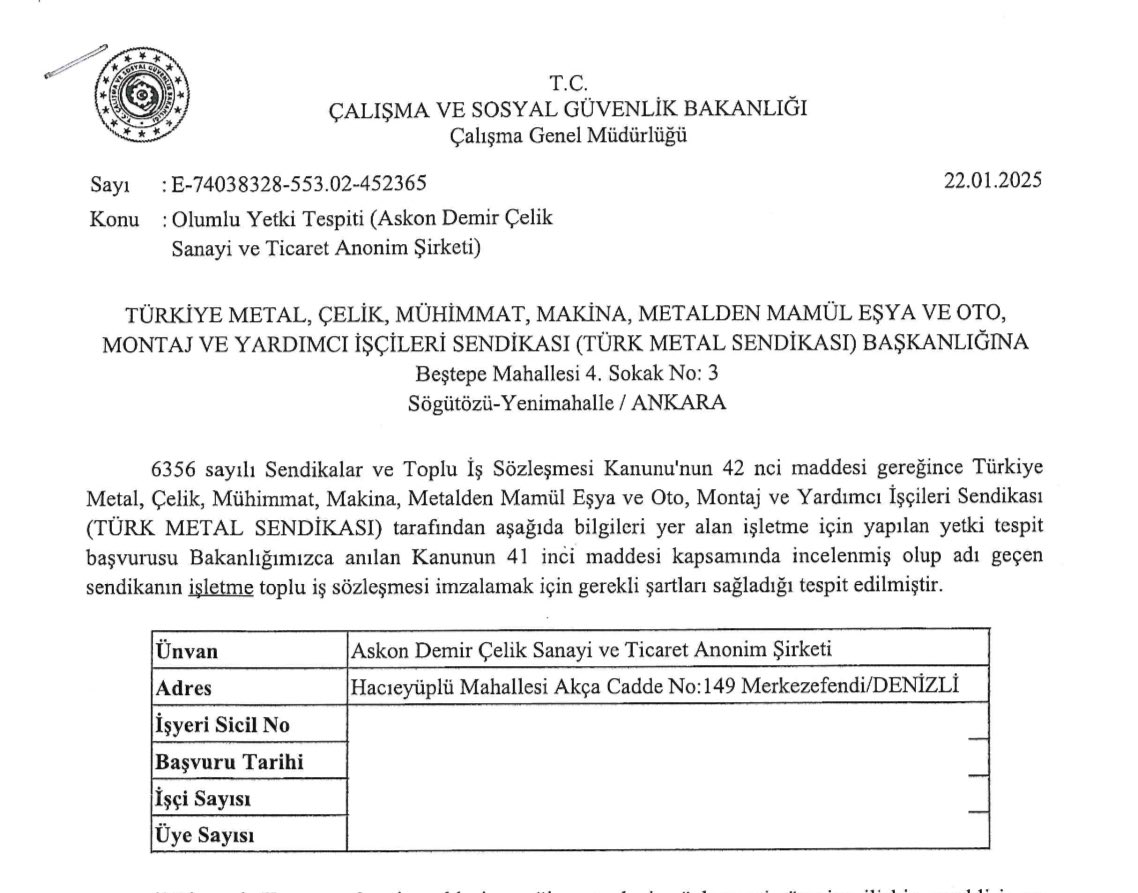 ASKON DEMİR ÇELİK İŞYERİNDE DE YETKİLİ SENDİKA ARTIK TÜRK METAL !
HAYIRLI OLSUN...

Türk Metal'i "Türk Metal" yapan, 62 yıllık tarihimiz boyunca,teşkilatımızın bayrağını hep zirvelerde tutan, her zaman sahip çıkıp teveccüh gösteren değerli emekçiler,
Kıymetli Türk Metalliler,