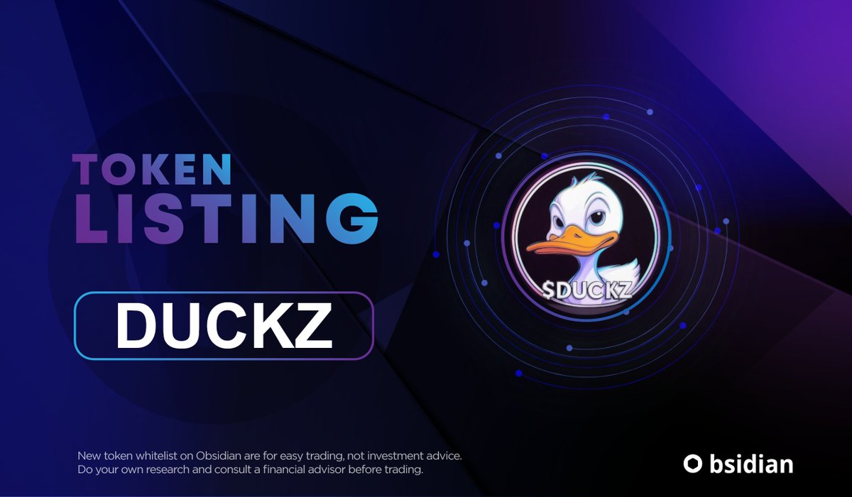 ✨ New Token Whitelist! ✨

$DUCKZ  by <a href="/CROChickens/">Cronos Duckz 🦆| Cronos Chickens 🐔 | $egg 🥚</a> is now live for smart trading on Obsidian!

Swap seamlessly with the best rates on #CronosZkEVM

Trade at obsidian.finance/swap?chain=cro…

#FFTB #CroFam  #BornBrave #ObsidianSwap #DUCKZ #Cronos