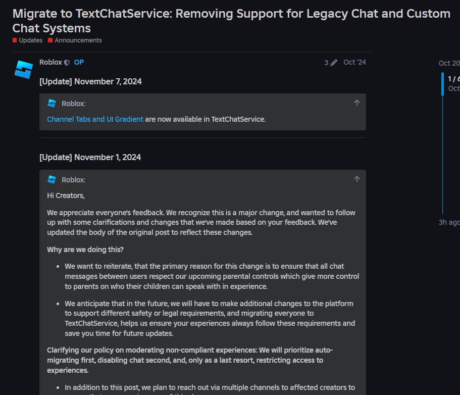 RobloxEdition_'s tweet photo. Roblox is now forcing creators to migrate to the TextChatService API, removing legacy chat. Experiences will not automatically migrate to the new API, this is due to parental control concerns. Learn more at: https://t.co/SKPsDcDhuF https://t.co/vdMaWMT3hl