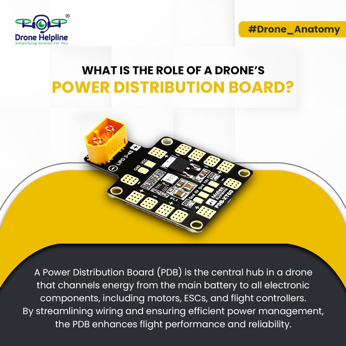 dronehelpline's tweet image. A Power Distribution Board (PDB) is the backbone of a drone’s power system, distributing energy from the battery to motors, #ESCs, and controllers. 

It ensures efficiency, stability, and peak performance for seamless flight.

#DroneComponents
