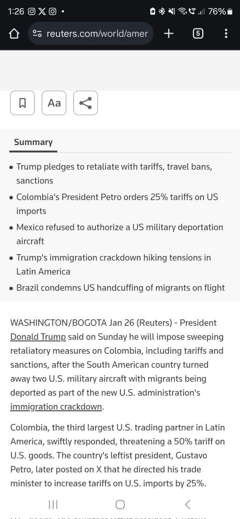 Princess_AnnaAU's tweet photo. @LeadingReport No they didn't... this is fake news... it's being reported here in Australia. In response to Drumps tariffs, Columbia has announced they will impose tariffs on American imports... 
They will only take back migrants if they are treated humanely and not like criminals.. #factcheck https://t.co/3F7wXTIJlF