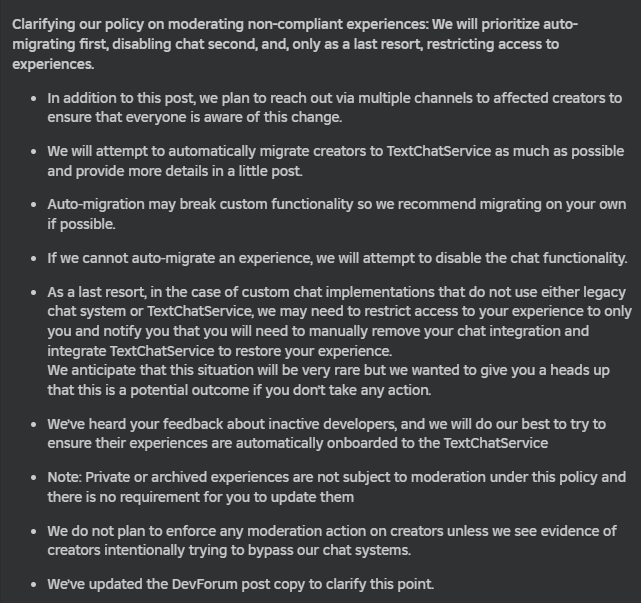 RobloxEdition_'s tweet photo. Roblox is now forcing creators to migrate to the TextChatService API, removing legacy chat. Experiences will not automatically migrate to the new API, this is due to parental control concerns. Learn more at: https://t.co/SKPsDcDhuF https://t.co/vdMaWMT3hl