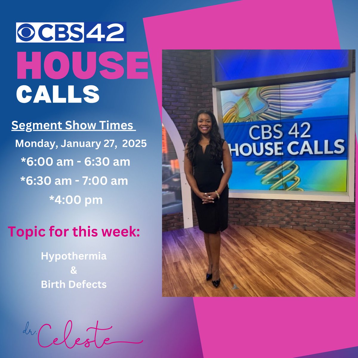Please join me on <a href="/CBS_42/">CBS 42</a> News House Calls every Monday at 6:00 am, 6:30 am, and 4:00 pm. Can't tune in on TV? No worries! You can also catch the show online, so you never have to miss an episode at this link cbs42.com/news/health/