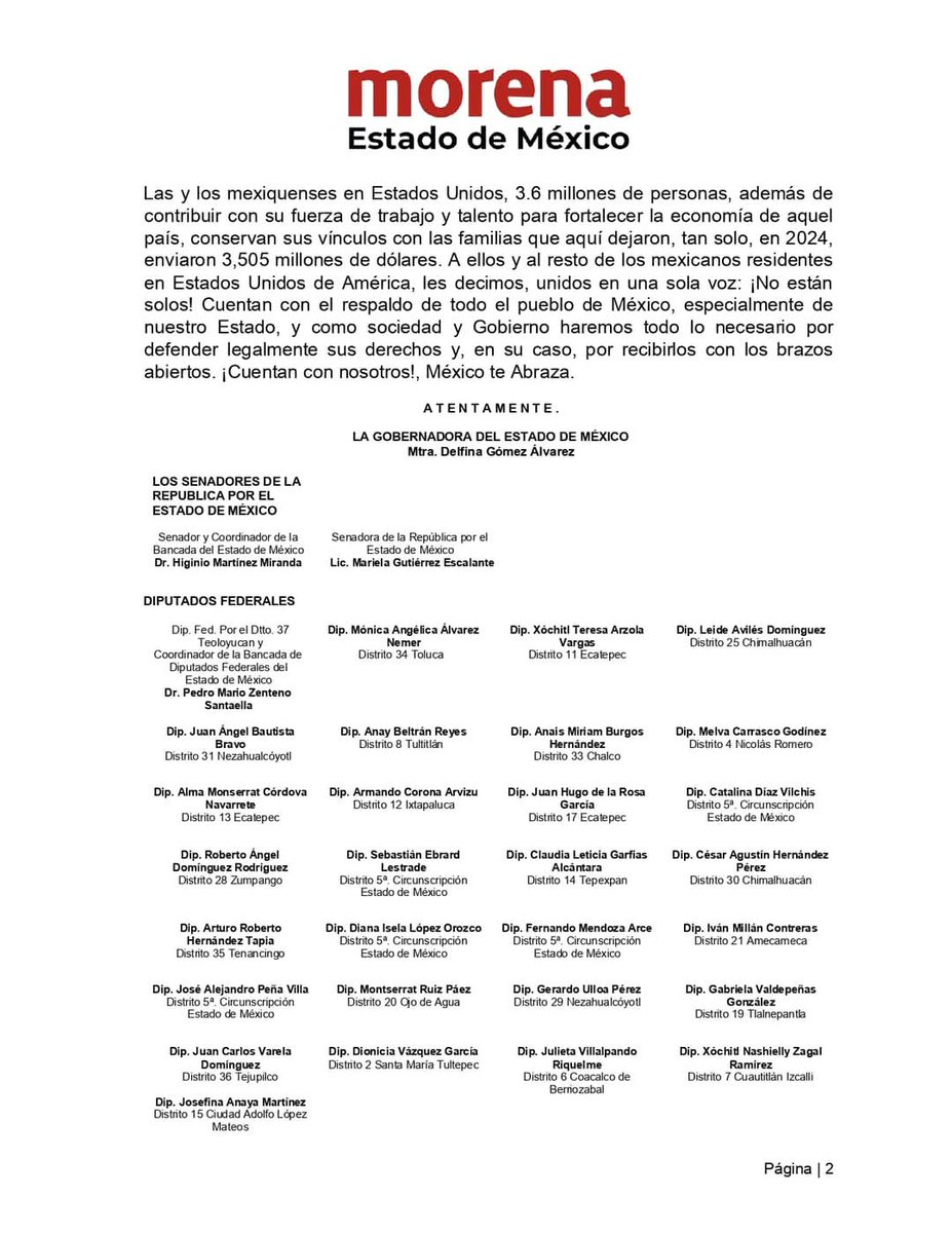 JuanHugoNeza's tweet photo. Nuestras hermanas y hermanos migrantes no están solos, ante las adversidades que pudieran presentarse de las deportaciones de Estados Unidos a México, las y los diputados de @PartidoMorenaMx Estado de México respaldamos las medidas emprendidas por nuestra Presidenta @Claudiashein para recibirlos dignamente. Estamos dispuestos a defender los derechos de nuestros paisanos y a trabajar en lo que haya necesidad para darles cobijo y apoyo a su regreso.