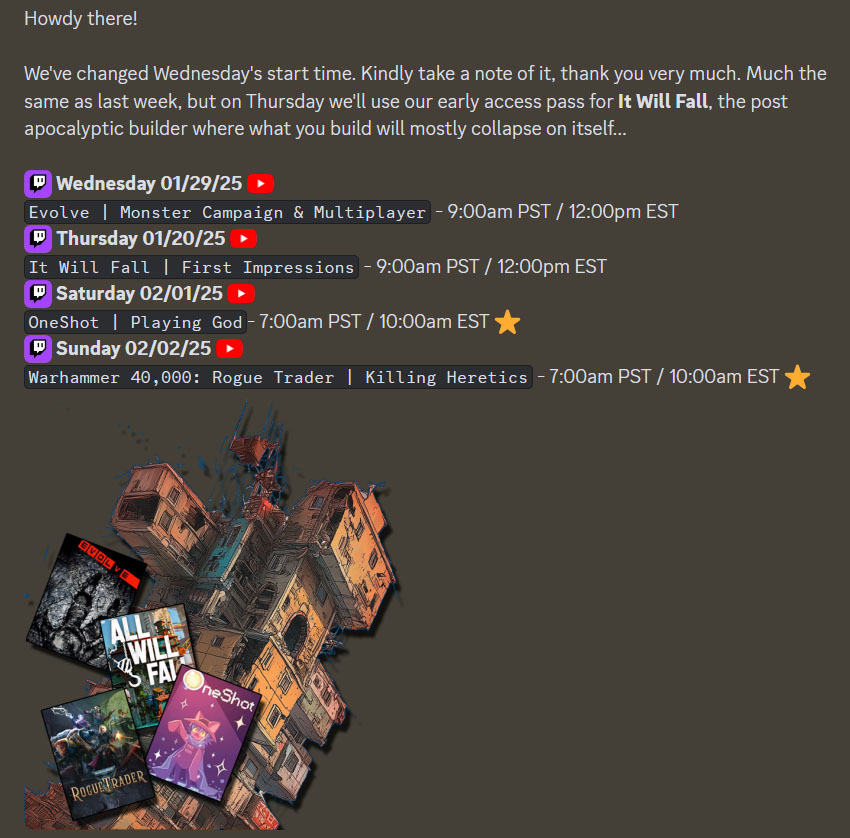 MechanicalBean1's tweet photo. Hello! New Schedule!
I'm so professional!
#Evolve #ItWillFall #OneShot #RogueTrader
Kindly Like / Follow / Subscribe on these platforms, if you would be so kind!
https://t.co/JJgl7qXAIH πΊ
https://t.co/76QwnMZdYy π£
#smallstreamer #indiegames #canceledgames #warhammer40000 https://t.co/1cnTyou4aT