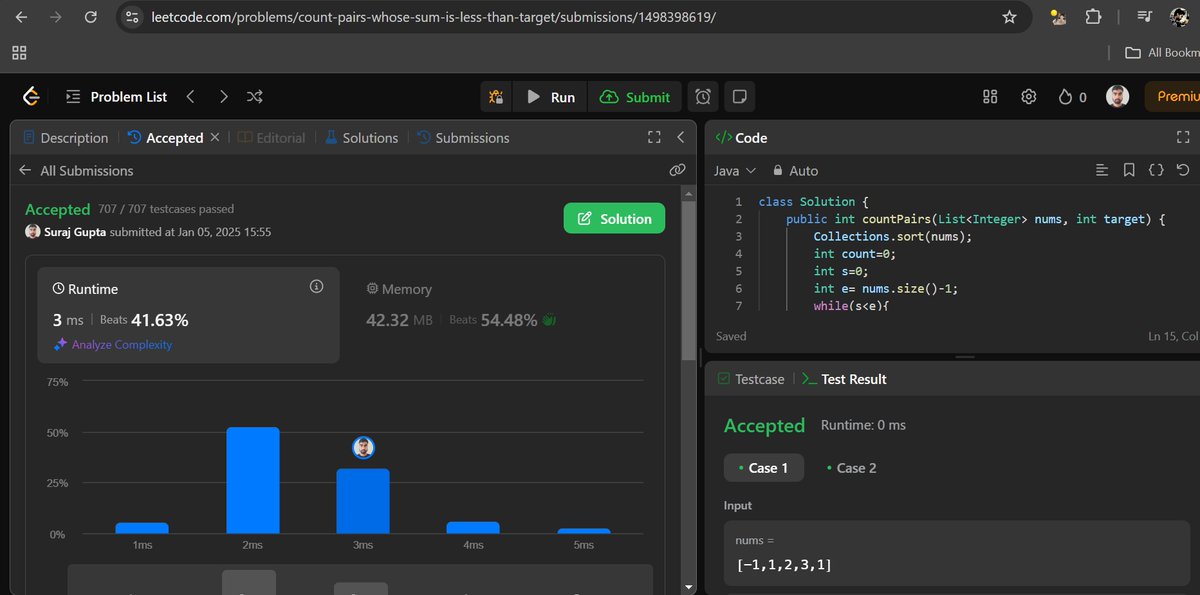 surajgupta85252's tweet photo. #day84
#letcode problem no. 2824
#problem name - Count Pairs whose Sum is Less than Target #java #dsa #100daysofcoding #gfg160 #letsconnect https://t.co/3GNOFZbnT8