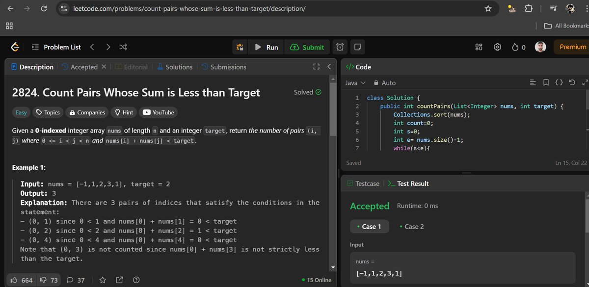 surajgupta85252's tweet photo. #day84
#letcode problem no. 2824
#problem name - Count Pairs whose Sum is Less than Target #java #dsa #100daysofcoding #gfg160 #letsconnect https://t.co/3GNOFZbnT8