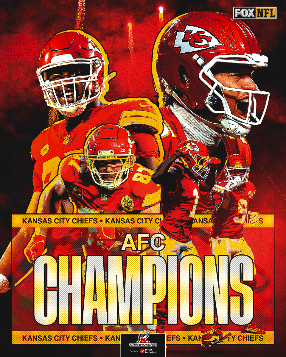 NFLonFOX's tweet photo. THE CHIEFS ARE BACK-TO-BACK-TO-BACK AFC CHAMPIONS! 🏆🏆🏆 https://t.co/mRBjijM0Hp