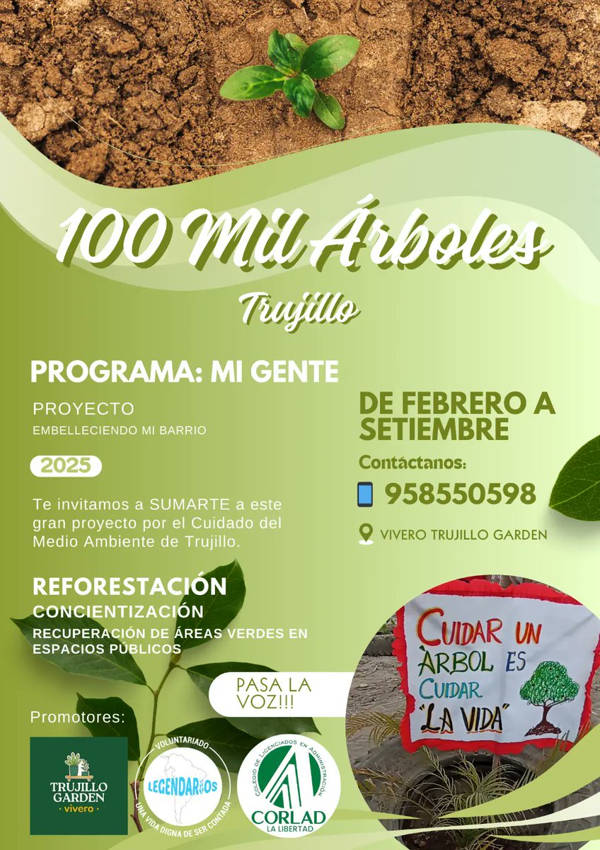 Legendarios_Vol's tweet photo. ¡Campaña 100 Mil Árboles - Trujillo! 🌳
Impulsada por Corlad La Libertad, Vivero Trujillo Garden y Asociación Legendarios Voluntariado, buscamos sembrar vida, reducir el impacto ambiental y crear un futuro sostenible. 
🤝Empresas, instituciones y personas, ¡necesitamos su apoyo! https://t.co/PK25hxQevO