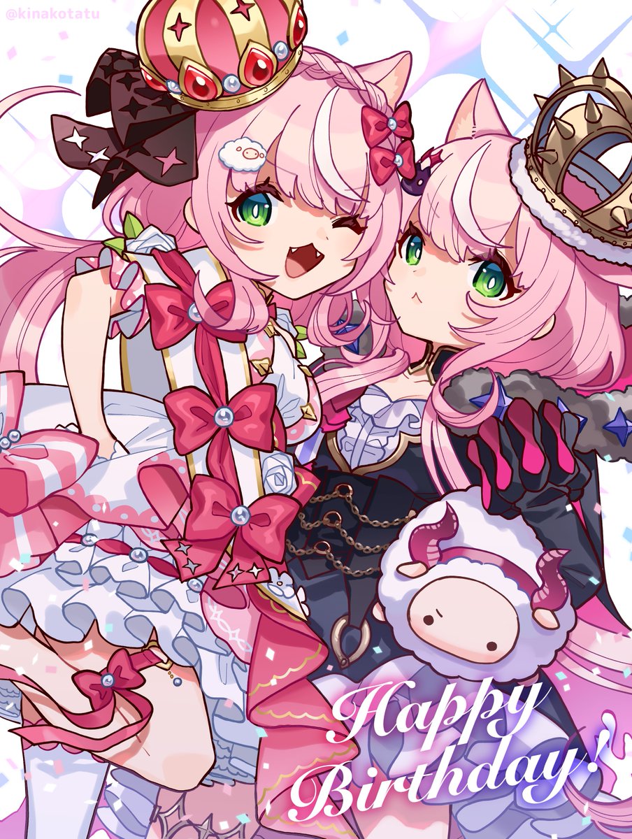 ナリちゃんお誕生日おめでとう✨🎂🐏
アニメイトカフェの衣装が去年と今年どちらも王冠で可愛いので並べてみました👑😈

#でかい魔王様と小さいオトナリの誕生日征服
 #Nari_Art