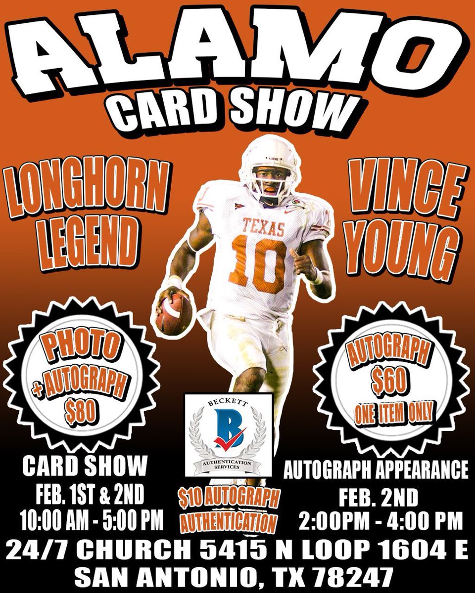 wemby210's tweet image. @alamocardshow
San Antonio, Texas
Saturday 2/1 (10AM - 5PM)
Sunday 2/2 (10AM - 5PM)
5415 N Loop 1604 E 78247

Vince Young (@VinceYoung10) will be in attendance to sign autographs and take photos Sunday 2PM - 4PM #HookEm 

Free admission for kids.
@CardPurchaser #thehobby