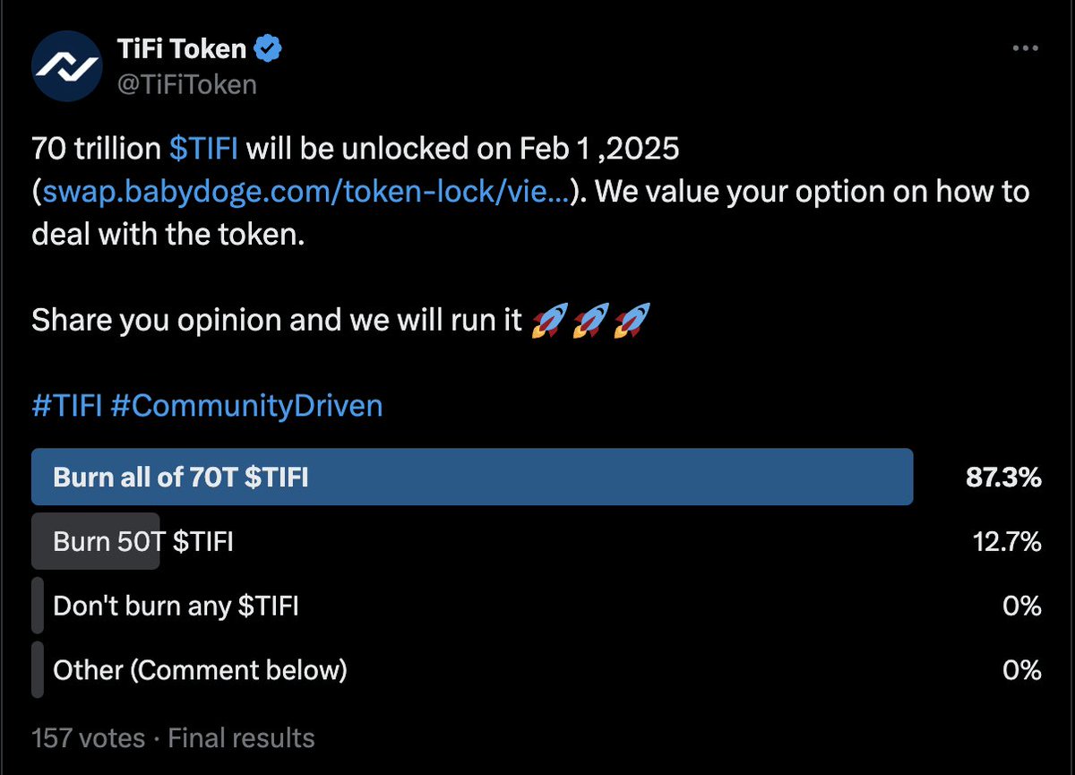 Great news, burning all of 70T $TIFI wins!
That'll be a huge burn🔥🔥🔥
Let's do it ! 🚀🚀🚀

#TokenBurn #TIFI #BNBChain