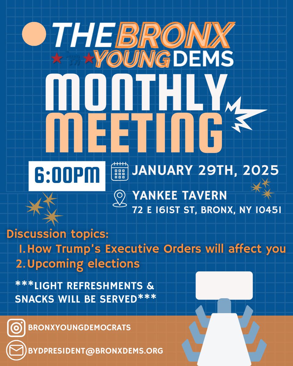 Bronx Young Democrats (@bronxyoungdems) on Twitter photo Join us THIS Wednesday 1/29/25 for our first monthly meeting of the year! Contact us if you have any questions Join us THIS Wednesday 1/29/25 for our first monthly meeting of the year! Contact us if you have any questions