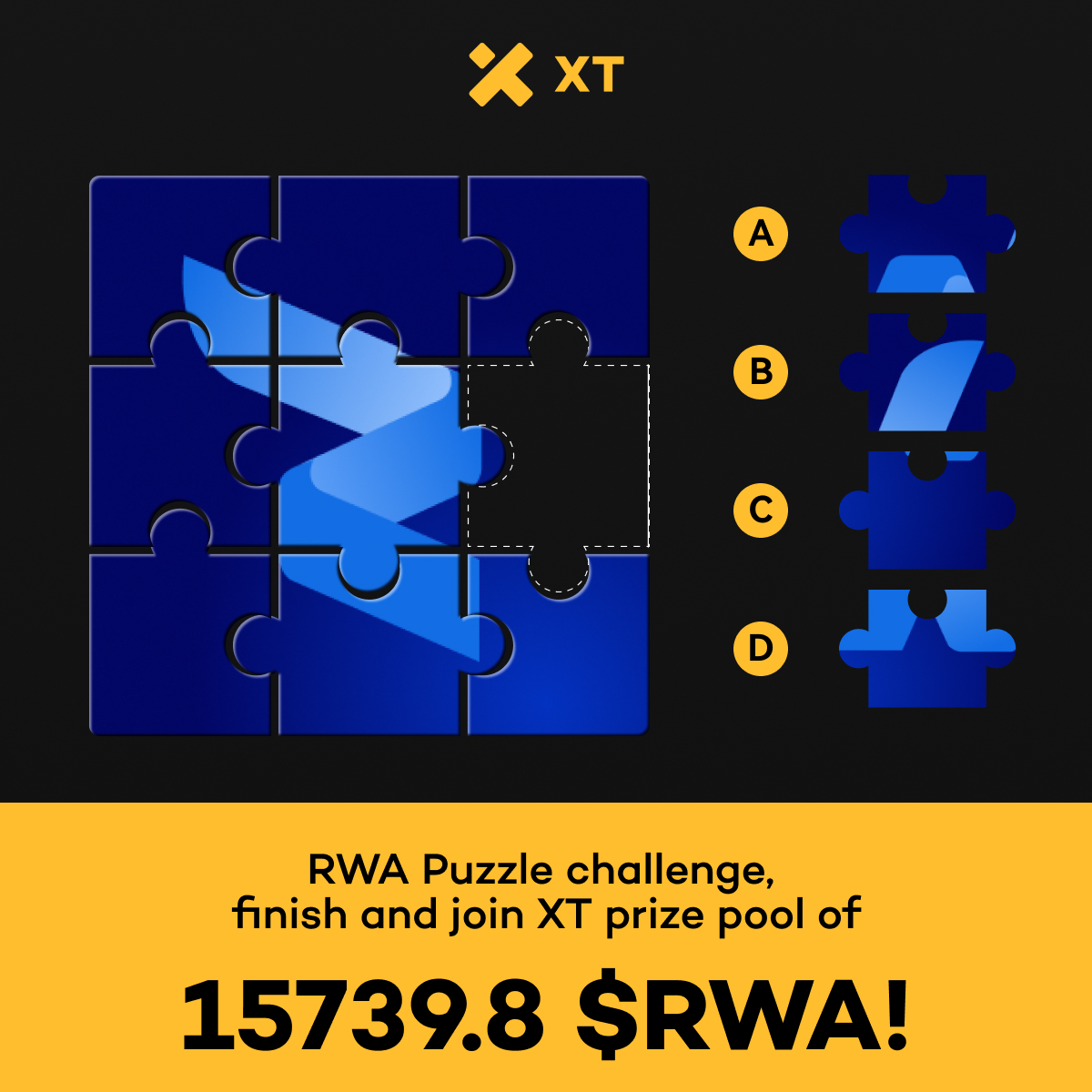 🚨 RWA Puzzle Challenge Alert! 🚨 Solve the puzzle &amp; join the XT prize pool of 15,739.8 $RWA! 🎉

✅ Follow: <a href="/XTexchange/">XT Exchange 🚀 #BeyondTrade</a>, <a href="/XTExchangecn/">XT中文频道</a> &amp; <a href="/RWA_Inc_/">RWA Inc.</a>
✅ Like &amp; RT with #XT, $RWA &amp; tag 3 friends
✅ Join: t.me/XTsupport_EN
✅ Comment your answer &amp; XT UID

🚀 Start trading: