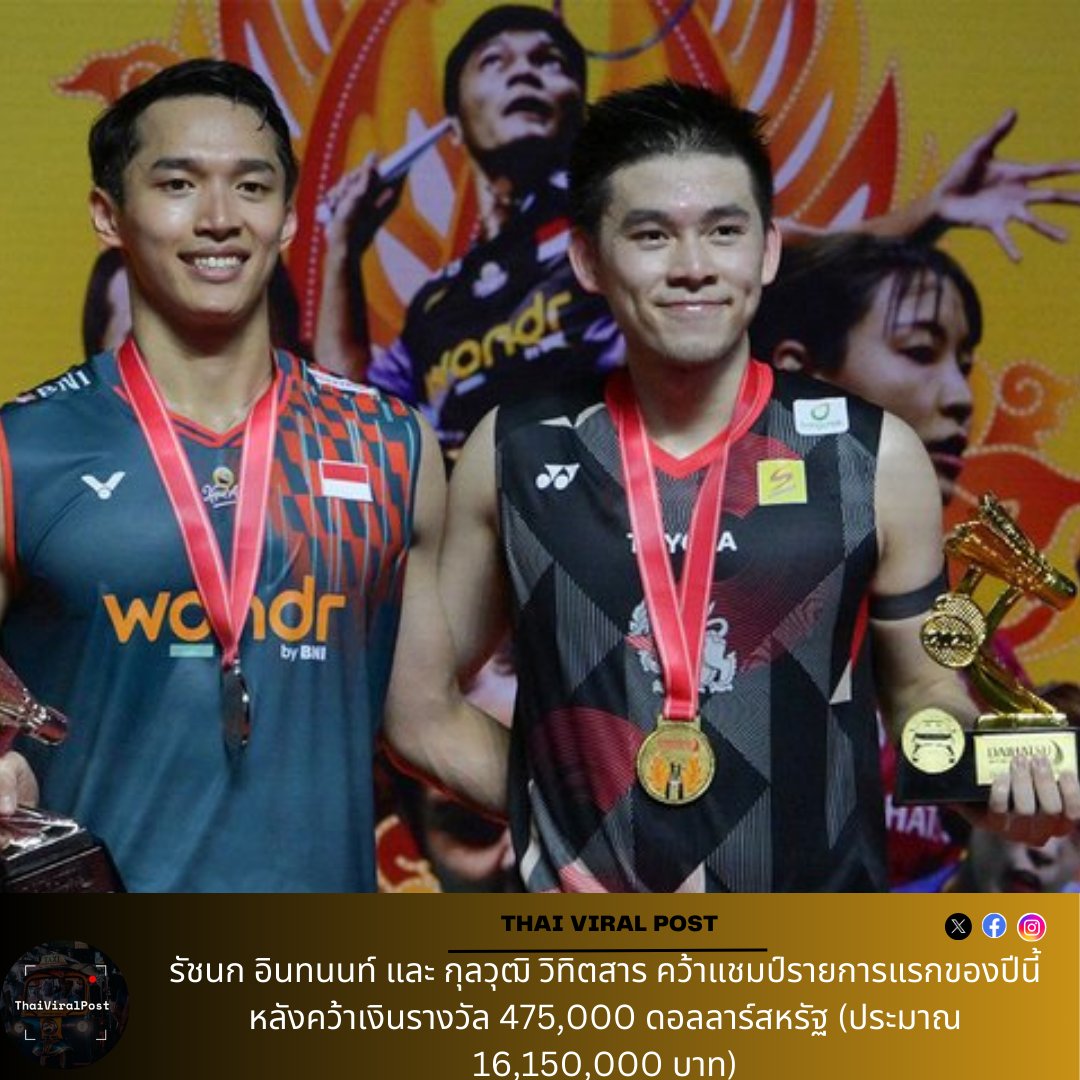 thai_viral's tweet photo. ชัยชนะของไทย! 🏸 รัชนก อินทนนท์ และ กุลวุฒิ วิฑิตศานต์ เฉิดฉายในศึก BWF Indonesia Masters คว้าแชมป์รายการแรกของปีนี้ และทำให้คนทั้งประเทศภาคภูมิใจ! 🇹🇭💪

#IndonesiaMasters2025 #Badminton #BWF #RatchanokIntanon #KunlavutVitidsarn #ThailandPride #แบดมินตัน https://t.co/vbZj7Oe4PN