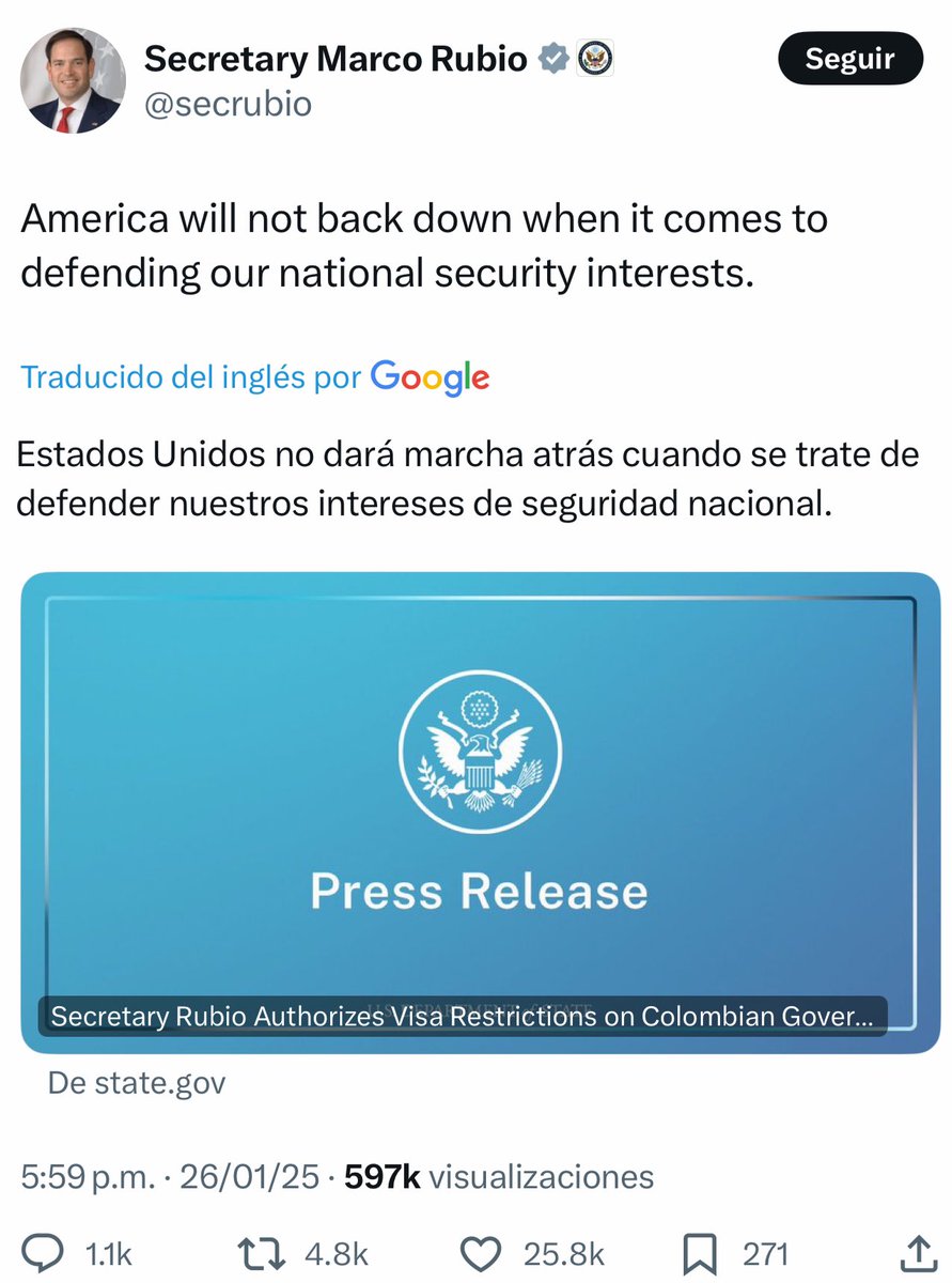 ¿Si llega el mensaje a Palacio Nacional de <a href="/Claudiashein/">Claudia Sheinbaum Pardo</a> ? 

Claro y fuerte 👇🏻

Estados Unidos no dará marcha atrás cuando se trate de defender nuestros intereses de seguridad nacional: @secrubio 

<a href="/webmasterazul/">🇲🇽César Ramos</a>