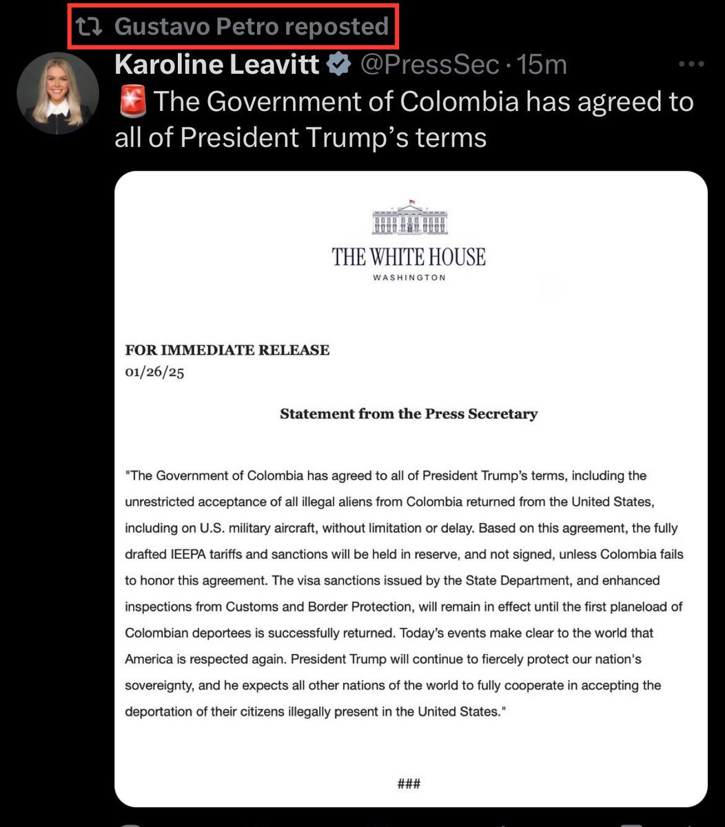 EndWokeness's tweet photo. HAHAHAHAHAHA. TOTAL. VICTORY.

Colombian President Petro was just forced to repost a press release from the White House saying he caved to Trump. https://t.co/3EvLZep7Jv