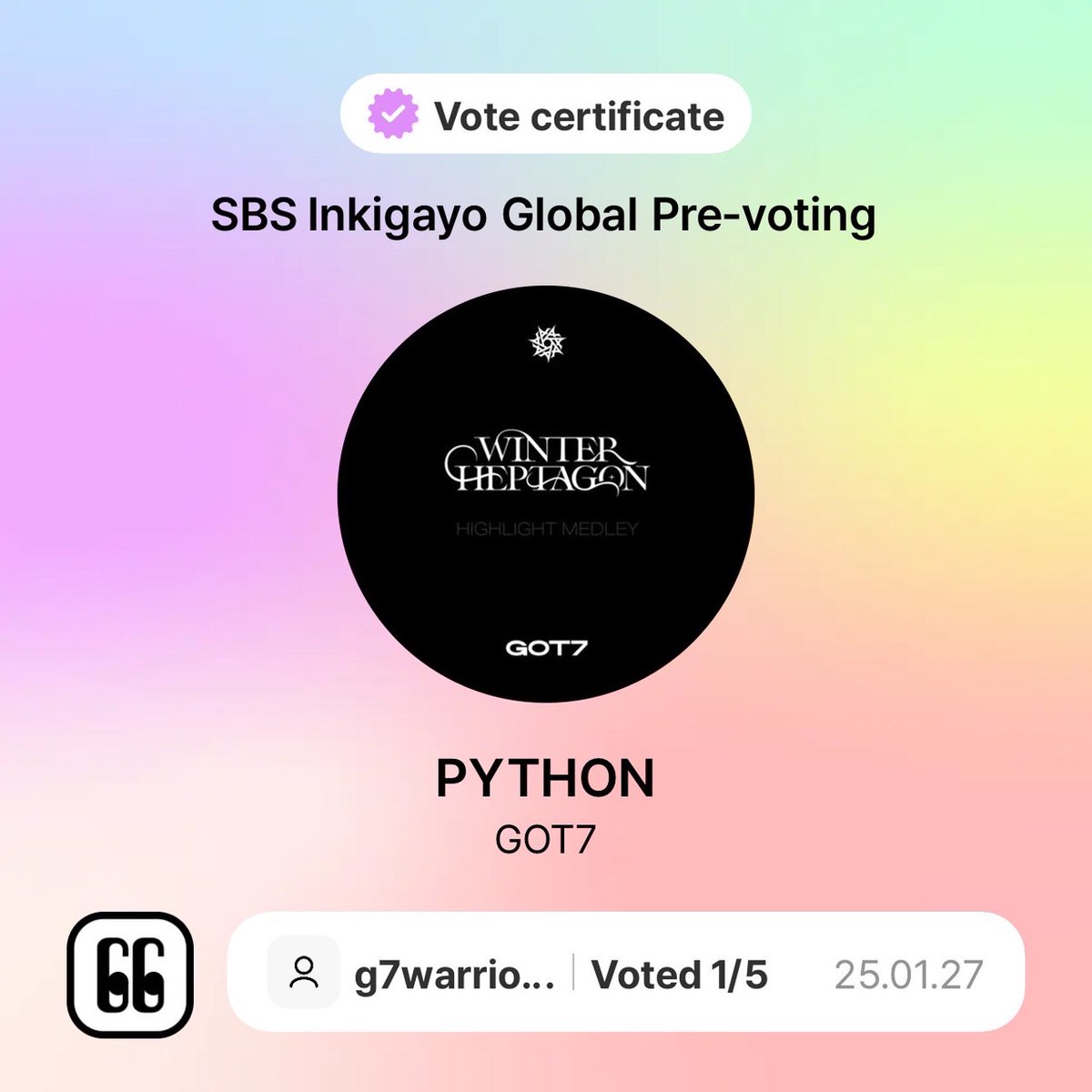 got7_warriors's tweet photo. 🗳️DIGGUS 
📣INKIGAYO PRE-VOTE📣

Phoenixes, Inkigayo pre-voting is up!
Let's go vote for GOT7's "#PYTHON"

✅ Vote once daily per account
✅ Vote 3 songs (GOT7 + 2 other songs)
✅ Vote on multiple accounts 

🔗https://t.co/xwO6VCiepQ

#PYTHON #GOT7_PYTHON
#GOT7 #갓세븐 https://t.co/zK8eTcUbwv