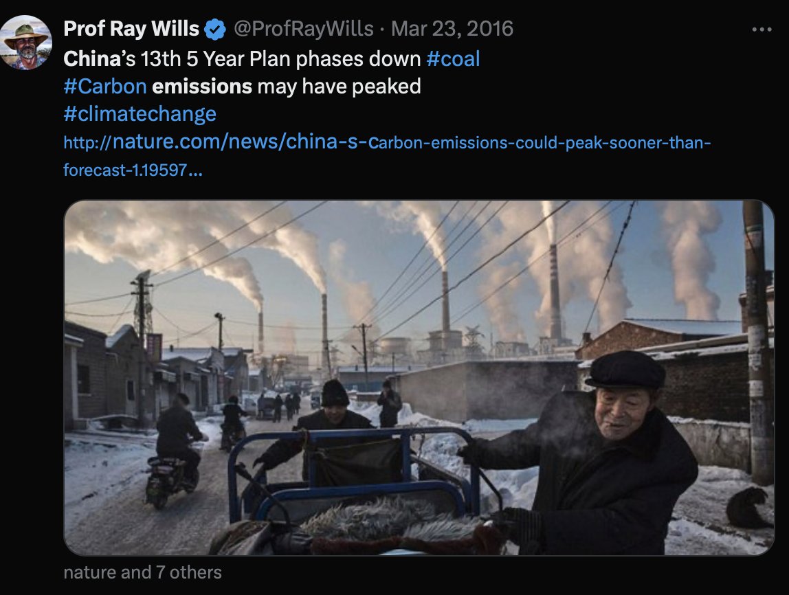 ProfRayWills's tweet photo. In 2016, China's 13th 5 year plan commited to reduce emissions
In 2020, China's President Xi commits to 'emissions peak before 2030'
Well 2024 before 2030, yeh?
6 years early
Imagine?
I did, but then, that's my job
#leastwrong
(I would've handed in my baggy green if I hadn't) https://t.co/LNlNsRfIUU