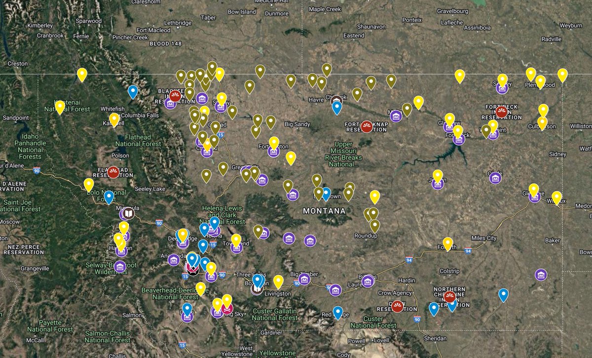 Today's featured map is Montana. The olive green markers through the central of the state are some of the 50 Hutterite colonies in Montana. google.com/maps/d/edit?mi…