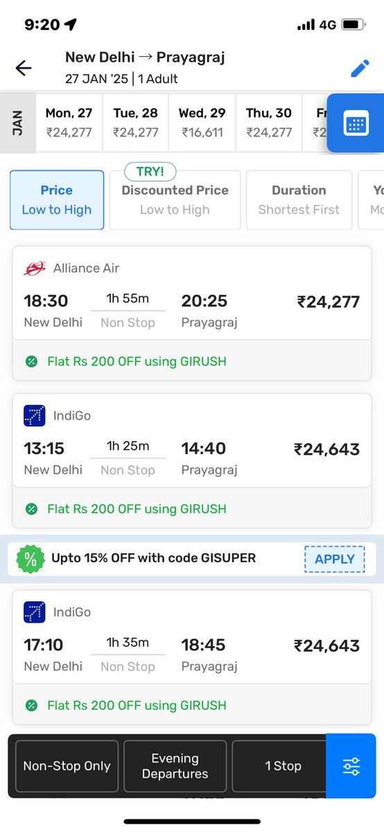 JhanviPathak04's tweet photo. @allianceair @IndiGo6E forgive me but my eyes are working, right? Please explain how can you possibly charge 25,000/- for a 2 hour flight between Delhi and Prayagraj? I’m genuinely worried for those who are already overspending going to the Mahakumbh. Then there’s Indian airlines https://t.co/eaFKh9wt30