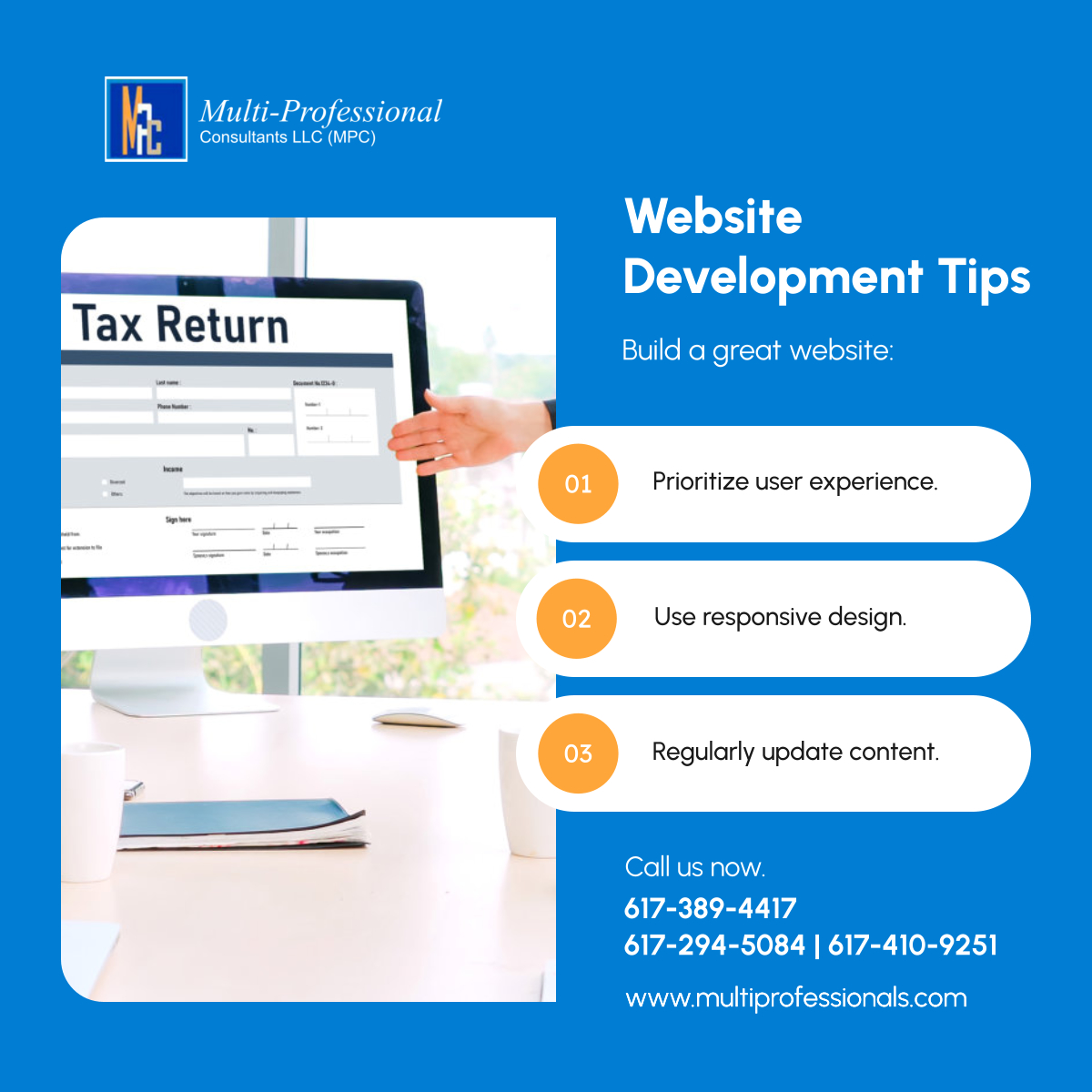 multiproconsllc's tweet photo. A strong website boosts business! Follow these tips, or let Multi-Professional Consultants LLC (MPC) design it for you. Contact us today! 

#EverettMA #Consultancy #WebDevelopment https://t.co/odpCtP81Qo