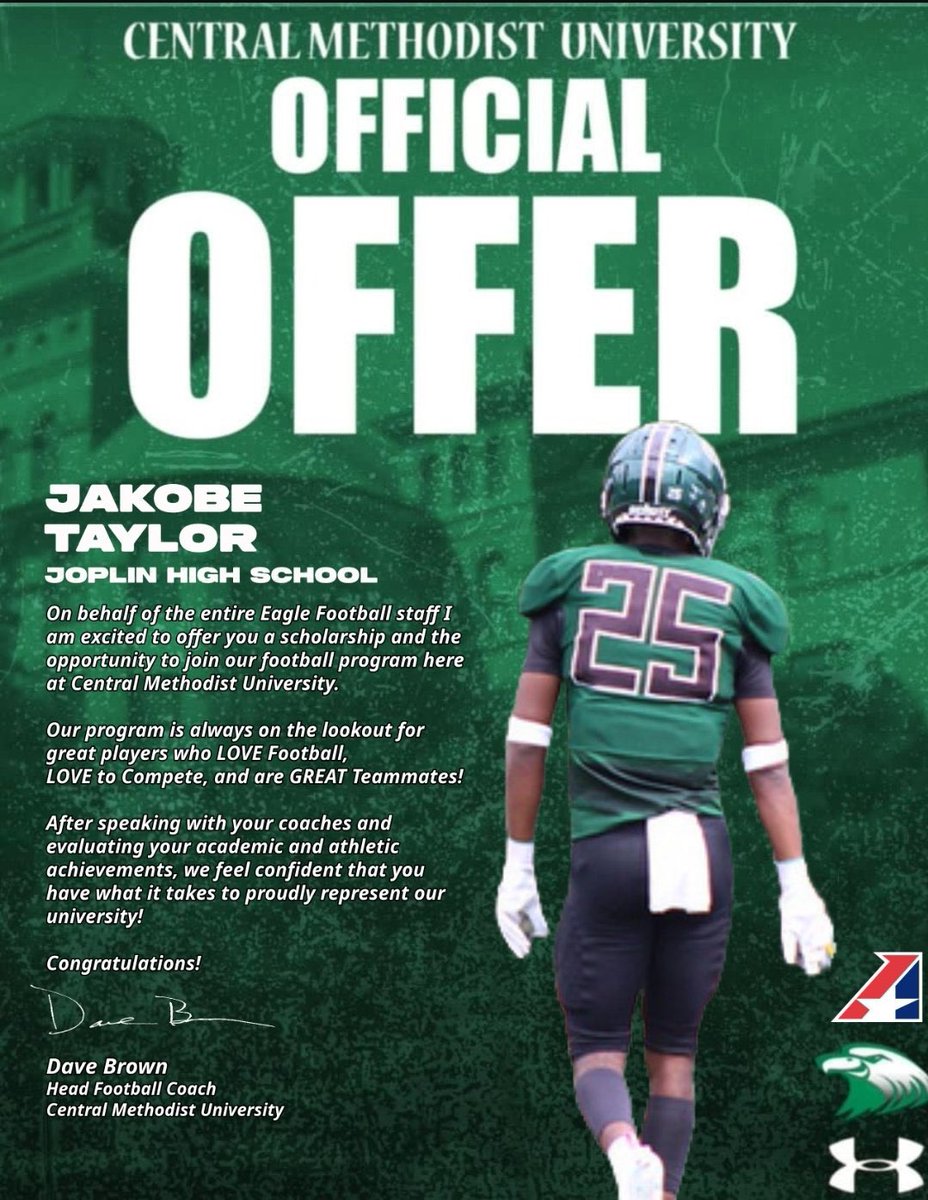 Jakobe Taylor (@jakobetay1106) on Twitter photo After an exciting conversation with <a href="/EricGreer_31/">EricGreer_31</a> I have received an official offer to play at <a href="/cmueaglesFB/">Central Methodist Football</a> 🟢⚪️
<a href="/PureZone49/">Curtis Jasper</a> <a href="/CoachAlinden/">Alan Linden</a> After an exciting conversation with <a href="/EricGreer_31/">EricGreer_31</a> I have received an official offer to play at <a href="/cmueaglesFB/">Central Methodist Football</a> 🟢⚪️
<a href="/PureZone49/">Curtis Jasper</a> <a href="/CoachAlinden/">Alan Linden</a>