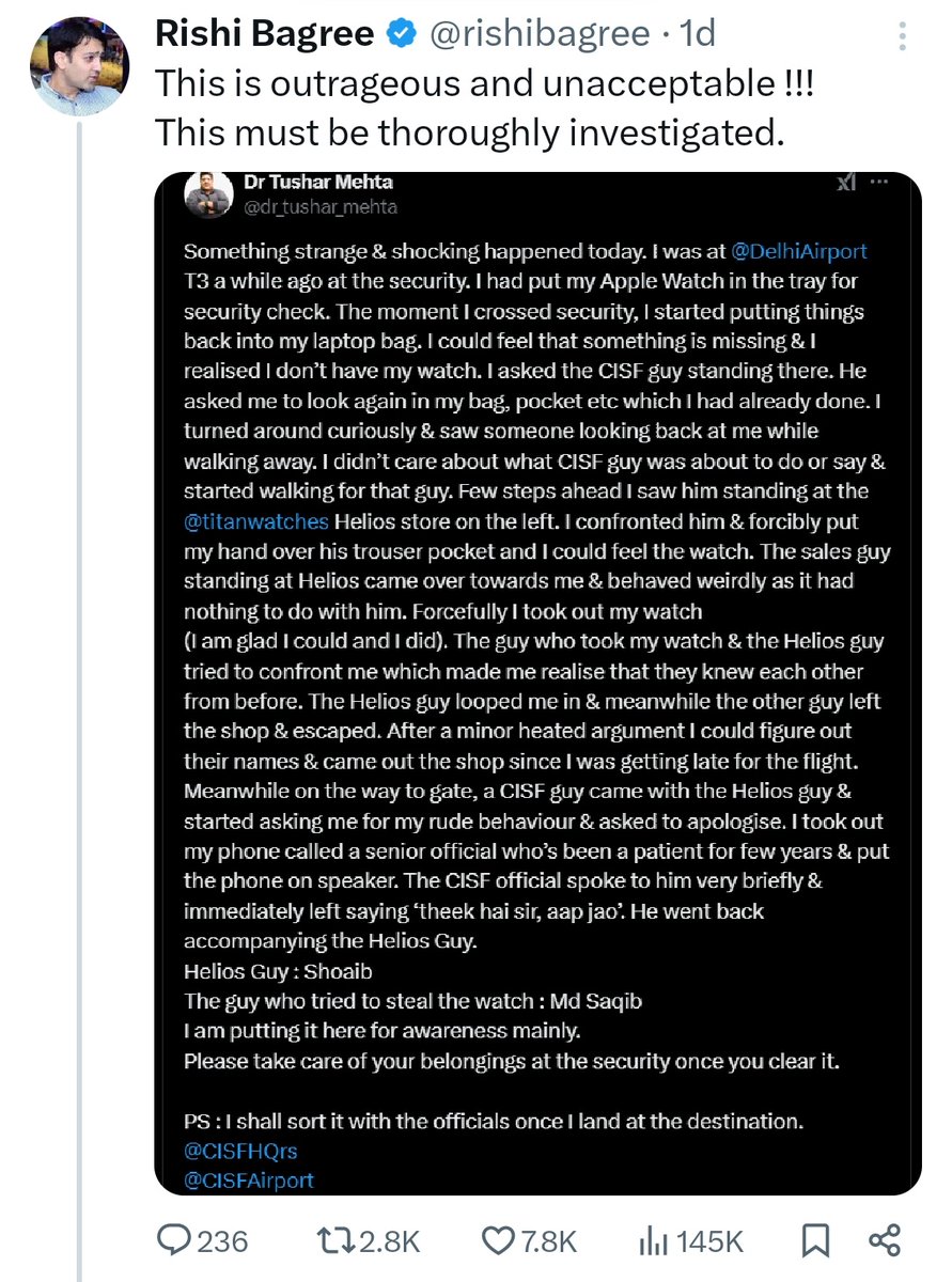PuneetVuneet's tweet photo. Dr. Tushar Mehta, a liar and hate monger, spread the false claim that a Muslim stole his watch and that the CISF helped the thieves. His tweet received hundreds of thousands of views before he got caught red-handed and deleted his account. Is there no punishment for such a crime? https://t.co/ApkX1NlfVV