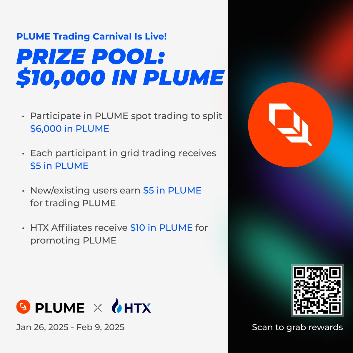 PLUME Trading Carnival Goes Live! Total Prize Pool: $10,000 PLUME 🪙 Trade  PLUME to split $6,000 PLUME 🪙 Join grid trading, get $5 PLUME 🪙  New/existing users earn $5 PLUME 🪙 Affiliates