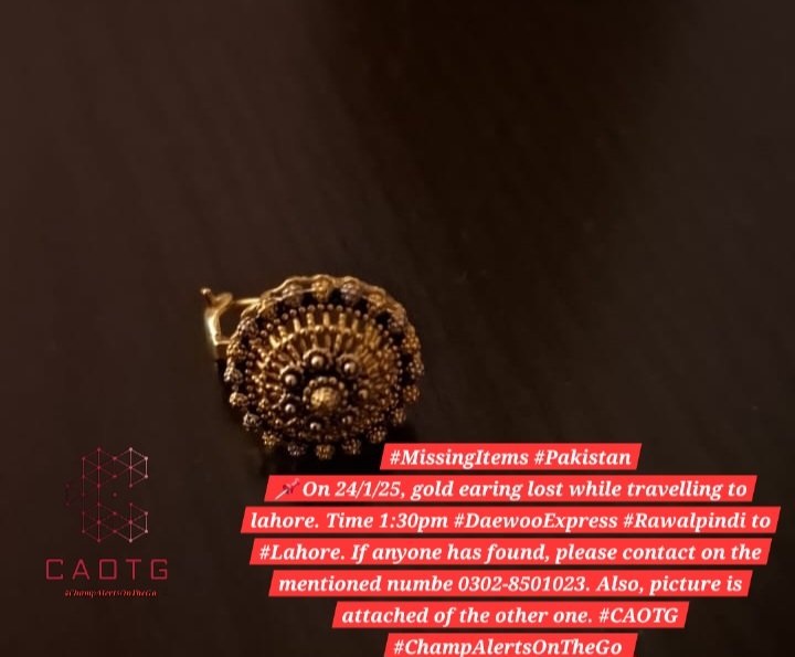 shaheryarhassan's tweet image. #MissingItems #Pakistan
📌 On 24/1/25, gold earing lost while travelling to lahore. Time 1:30pm #DaewooExpress #Rawalpindi to #Lahore. If anyone has found, please contact on the mentioned numbe 0302-8501023. Also, picture is attached of the other one. 
📌#Islamabad: Drone DJI