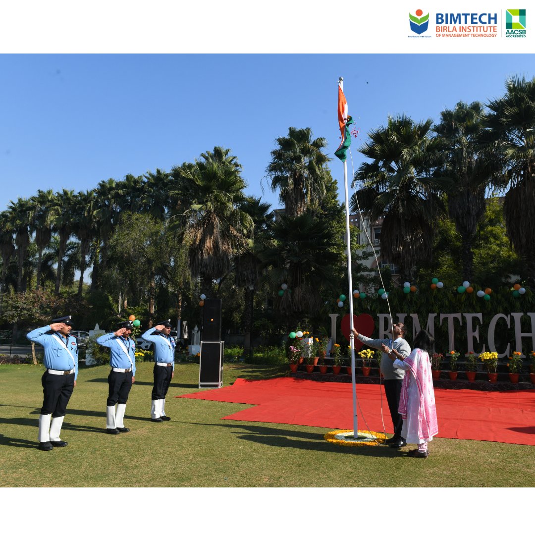 BIMTECHNoida's tweet image. Birla Institute of Management Technology (BIMTECH) celebrated Republic Day with fervor! 

Dr. Prabina Rajib, our Director, hoisted the Indian flag, emphasizing the alignment of BIMTECH's progress with the nation's growth. 

#RepublicDayIndia #BIMTECH