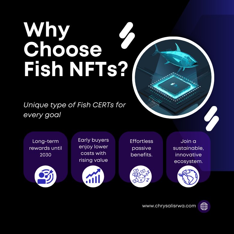 🐟 Why Choose Fish NFTs? 🌊

Dive into a world of innovation and sustainability:

✔️ Unique Fish CERTs tailored for every goal.
✔️ Long-Term Rewards until 2030 and beyond.
✔️ Early Bird Advantage – Lower costs, rising value.
✔️ Effortless Passive Benefits – Watch your investment