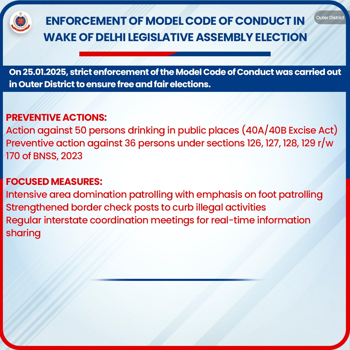 dcpouter's tweet image. 🚨Outer District intensifies enforcement to ensure free and fair Delhi Assembly Elections 2025 with arrests, recoveries and preventive actions. 
👮🏻♂️👮🏻♀️🗳🤝👍 
#ModelCodeOfConduct #DPUpdates
@DelhiPolice 
@ECISVEEP
@CeodelhiOffice
#DelhiPolicePrepForPoll
#PollReadyDelhiPolice