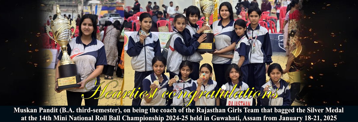 Heartiest congratulations to our B.A. student, Muskan Pandit, on being the coach of the Rajasthan Girls Team that bagged the Silver Medal at the 14th Mini National Roll Ball Championship 2024-25 held in Guwahati, Assam from January 18-21, 2025

#ssjsmm #bestcollege #girleducation