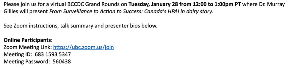 DrFiliatrault's tweet image. BC CDC Grand Rounds: From Surveillance to Action to Success: Canada&apos;s #HPAI in dairy story
Dr. Murray Gillies, bovine veterinarian &amp;amp;
coordinator Canadian Animal Health Surveillance System
Tuesday, Jan. 28, 2025: 12-1 pm PT
ubc.zoom.us/join
ID: 683 1593 5347
pw: 560438