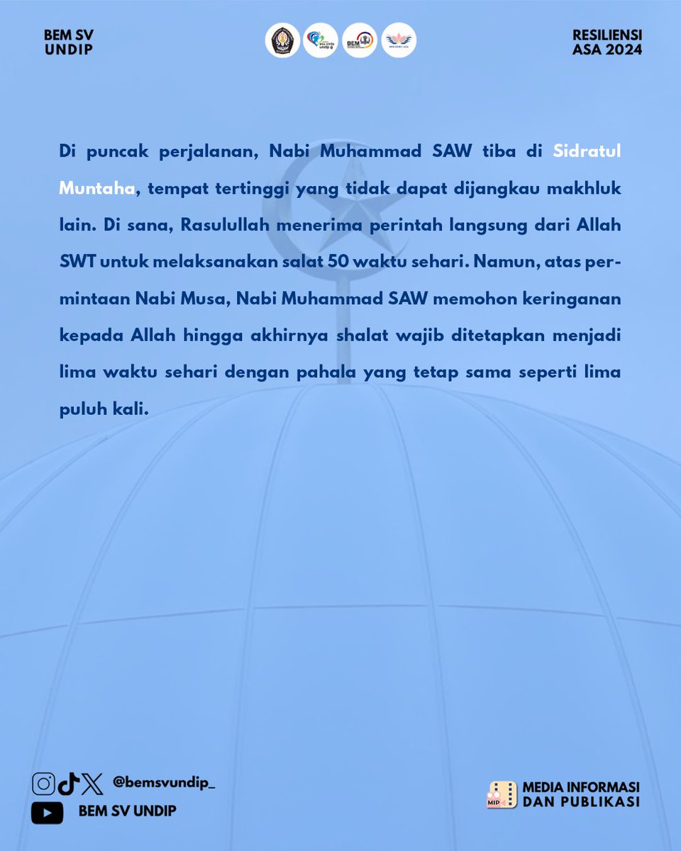 bemsvundip_'s tweet photo. Peristiwa ini menjadi awal diwajibkannya salat lima waktu, simbol kedekatan seorang hamba dengan Tuhannya.✨ 

Yuk, jadikan momen Isra Mi’raj ini sebagai inspirasi untuk meningkatkan kualitas ibadah dan berbagi kebaikan kepada sesama! https://t.co/PQKCDs1109