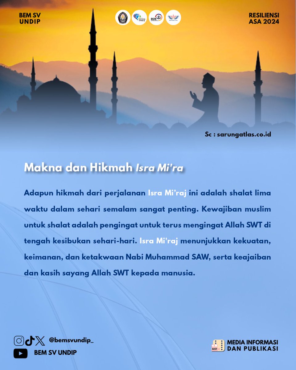 bemsvundip_'s tweet photo. Peristiwa ini menjadi awal diwajibkannya salat lima waktu, simbol kedekatan seorang hamba dengan Tuhannya.✨ 

Yuk, jadikan momen Isra Mi’raj ini sebagai inspirasi untuk meningkatkan kualitas ibadah dan berbagi kebaikan kepada sesama! https://t.co/PQKCDs1109
