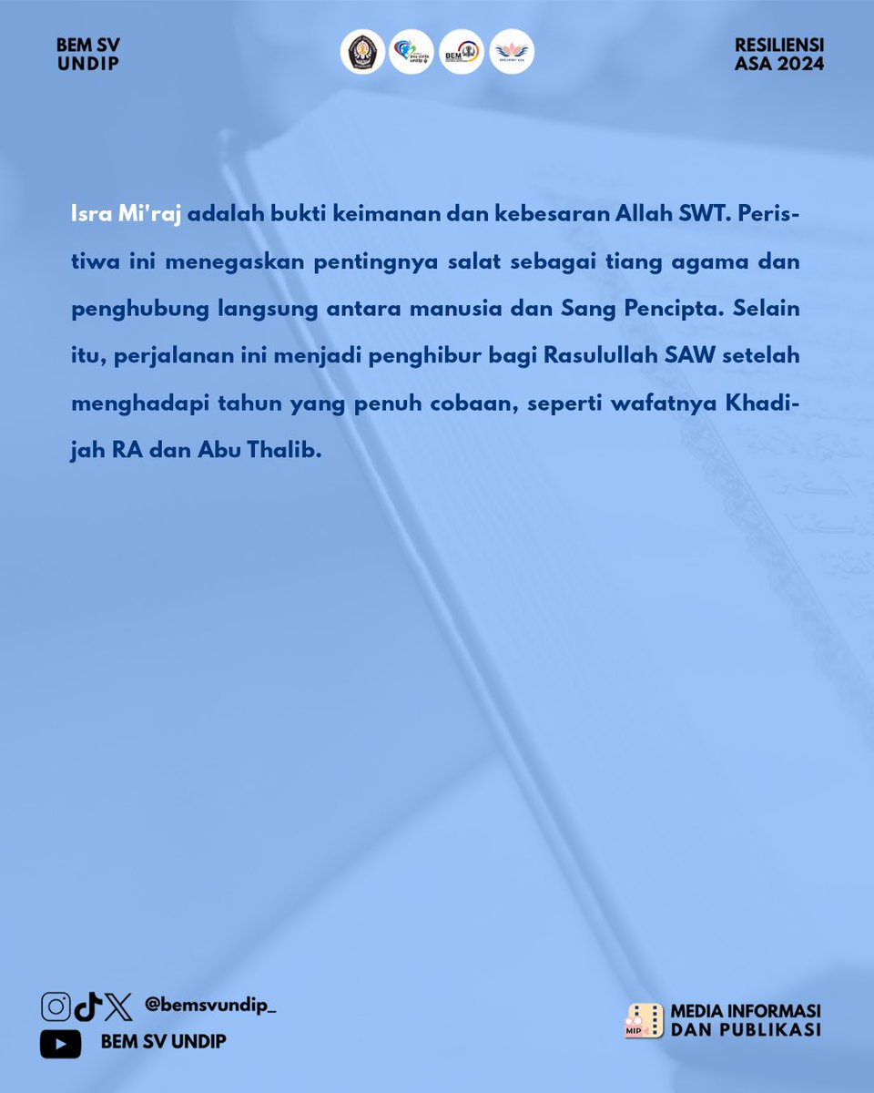 bemsvundip_'s tweet photo. Peristiwa ini menjadi awal diwajibkannya salat lima waktu, simbol kedekatan seorang hamba dengan Tuhannya.✨ 

Yuk, jadikan momen Isra Mi’raj ini sebagai inspirasi untuk meningkatkan kualitas ibadah dan berbagi kebaikan kepada sesama! https://t.co/PQKCDs1109