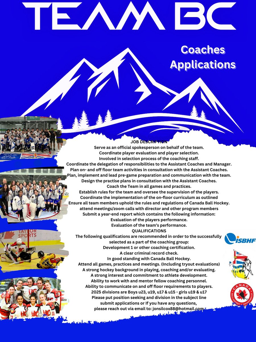 📢 Calling all passionate hockey coaches! 📢

Team BC is seeking dedicated coaches for this season (Boys U23, U19, U17, U15 &amp; Girls U19, U17). If you have a strong hockey background, commitment to athlete development &amp; excellent communication skills apply: jonsilcox88@hotmail.com