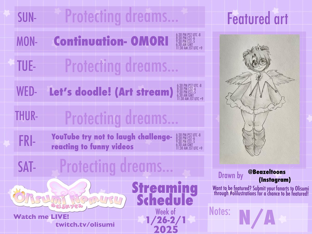 OlisumiNemuru's tweet photo. This week’s schedule is up! 💜 lol y’all ain’t prepared for what Friday’s challenge is gonna be like for me. All I can say is that it’s gonna be… heated 👀🔥 (art by beazeltoons) #vtuber #streamschedule #vtuberidol #indievtuber #olisuminemuru #twitch #twitchstreamer https://t.co/xNRjJxU2T5