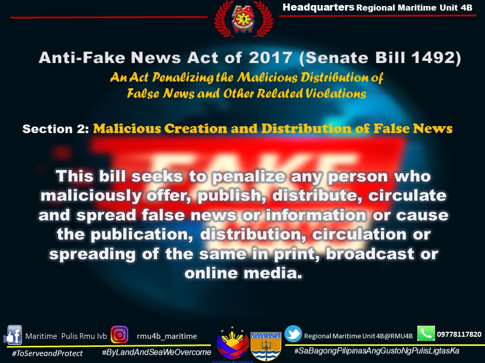 RMU4B's tweet photo. Spreading Fake News is a Crime

#BagongPilipinas 
#ToServeandProtect
#SaBagongPilipinasGustoNgPulisLigtasKa
#ByLandAndSeaWeOvercome https://t.co/v3xlnm6WP3