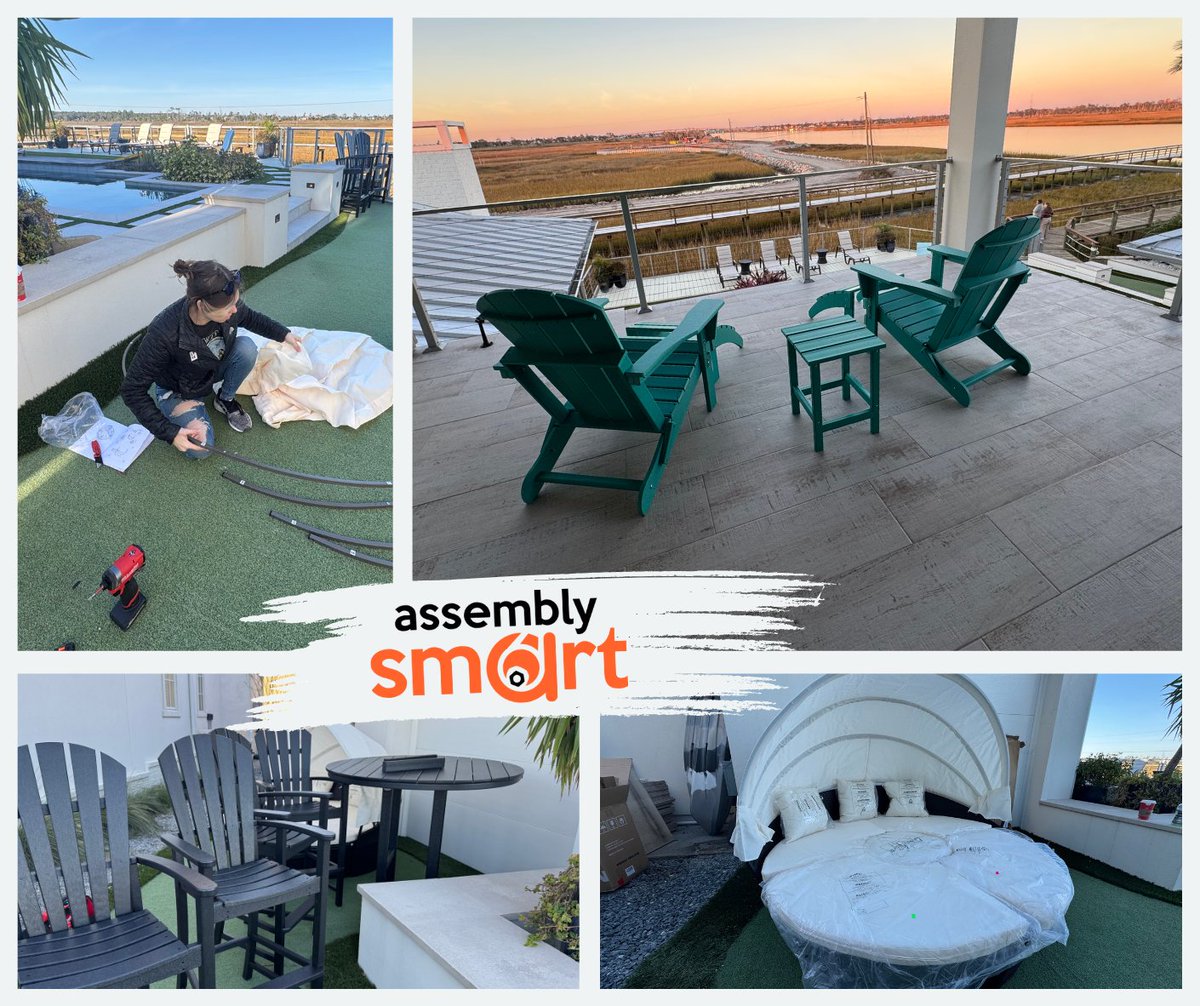 assemblysmart's tweet photo. This weekend, we spent a gorgeous afternoon by the pool helping a family turn their outdoor space into a backyard paradise! 🌴 We assembled a beautiful Outdoor Wicker Daybed with Canopy, a hightop table with barstools, Adirondack chairs for the patio, and more. https://t.co/MqYmbaI8dj