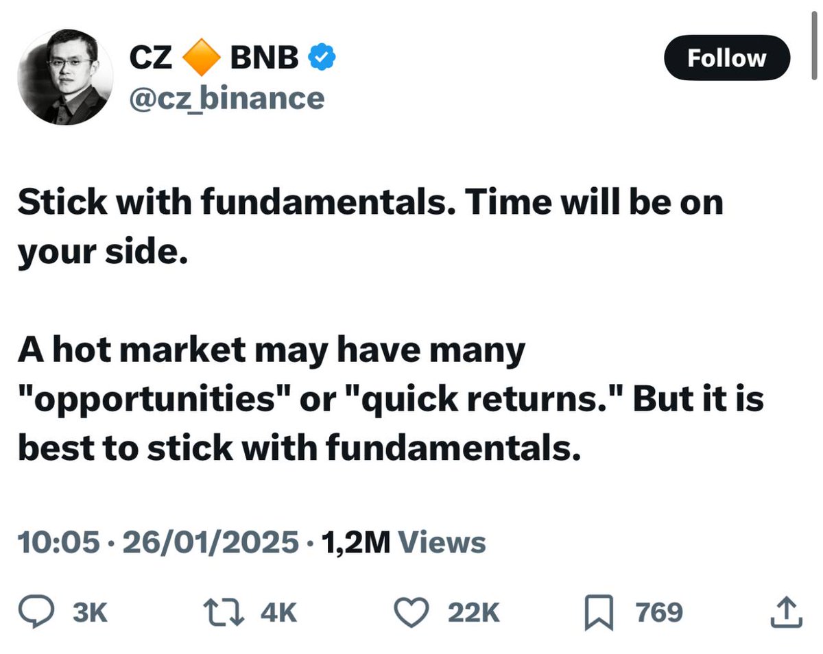 🚨 JUST IN: Changpeng Zhao (CZ) advises crypto investors to focus on fundamentals, emphasizing patience and long-term strategy.

He warns against chasing quick returns, stating, “Time will be on your side.”

Which fundamental token are you going to eye next? 👇