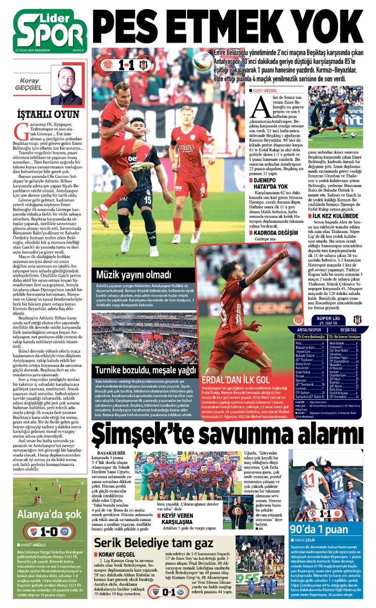 kalecizgisi_'s tweet photo. 📰 Lider Gazete
📆  27 Ocak Pazartesi 
📌 Pes etmek yok
📌 Şimşek'te savunma alarmı
📌 Serik tam gaz 
📌 90'da 1 puan
📌 Alanya'da şok 
✏️ İştahlı oyun https://t.co/qhSHE7HNES