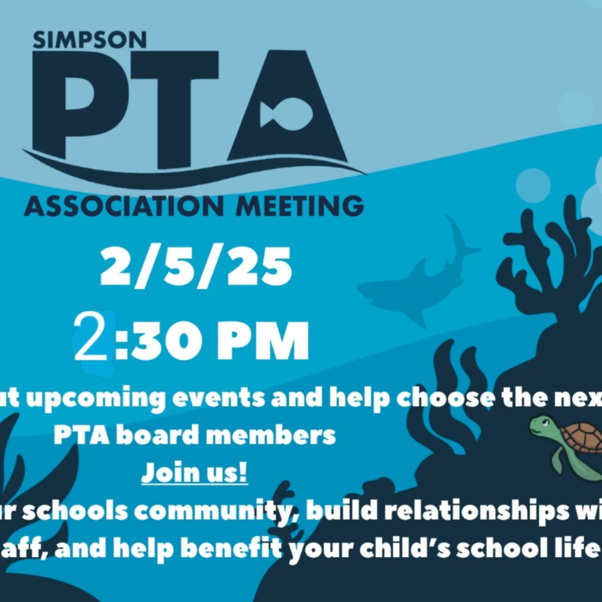 RialtoSimpson's tweet photo. You’re invited to our Parent Teacher Association (PTA) Meeting on Mon, Feb 5th, 2:30 PM to 3:30 PM in the Simpson Family Resource Center  (A1).
Join us as we:
✅ Begin the election process for next year’s PTA board
✅ Learn more about the rest of this school year at Simpson https://t.co/sUXbaGm70C