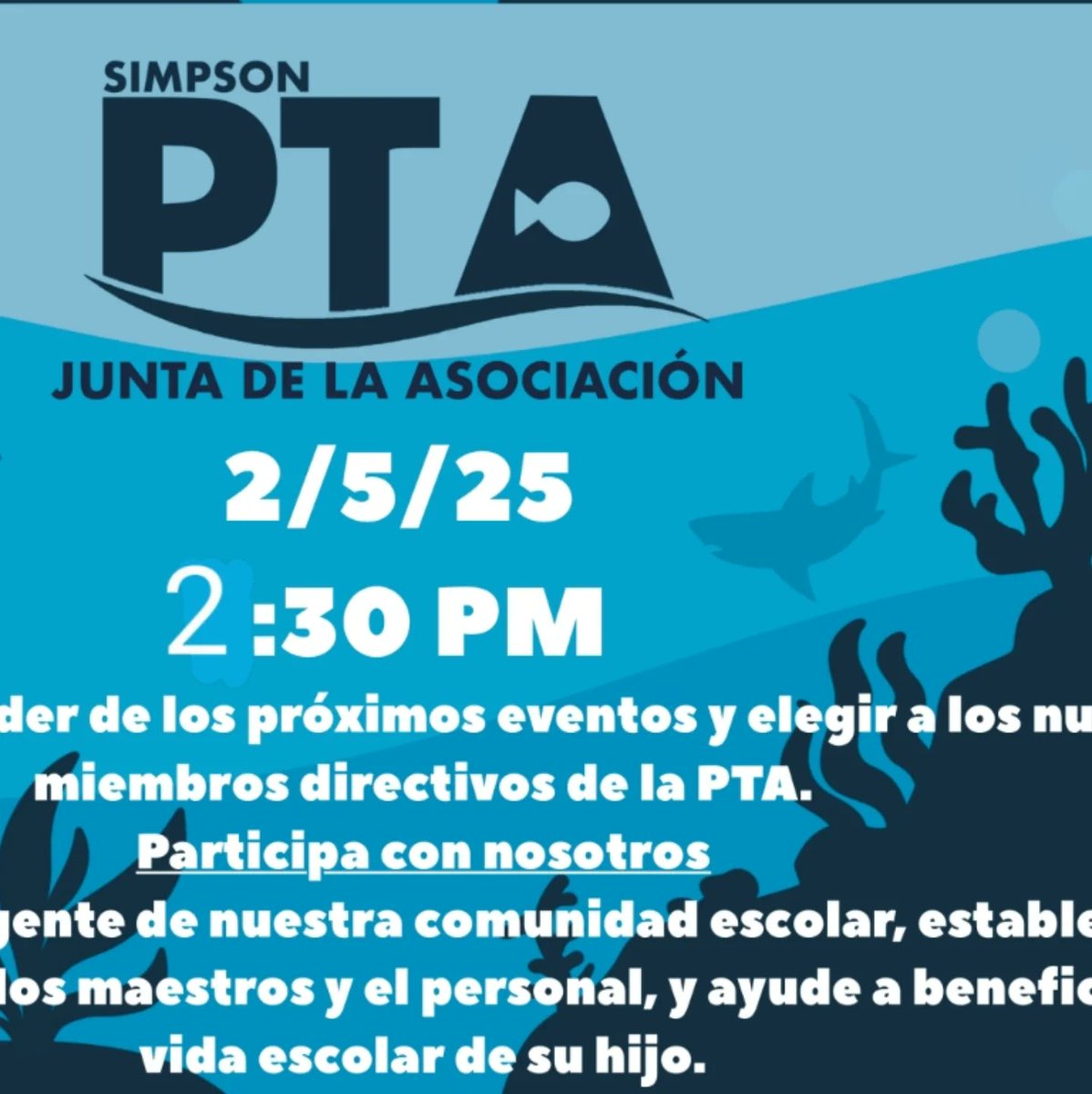 You’re invited to our Parent Teacher Association (PTA) Meeting on Mon, Feb 5th, 2:30 PM to 3:30 PM in the Simpson Family Resource Center  (A1).
Join us as we:
✅ Begin the election process for next year’s PTA board
✅ Learn more about the rest of this school year at Simpson