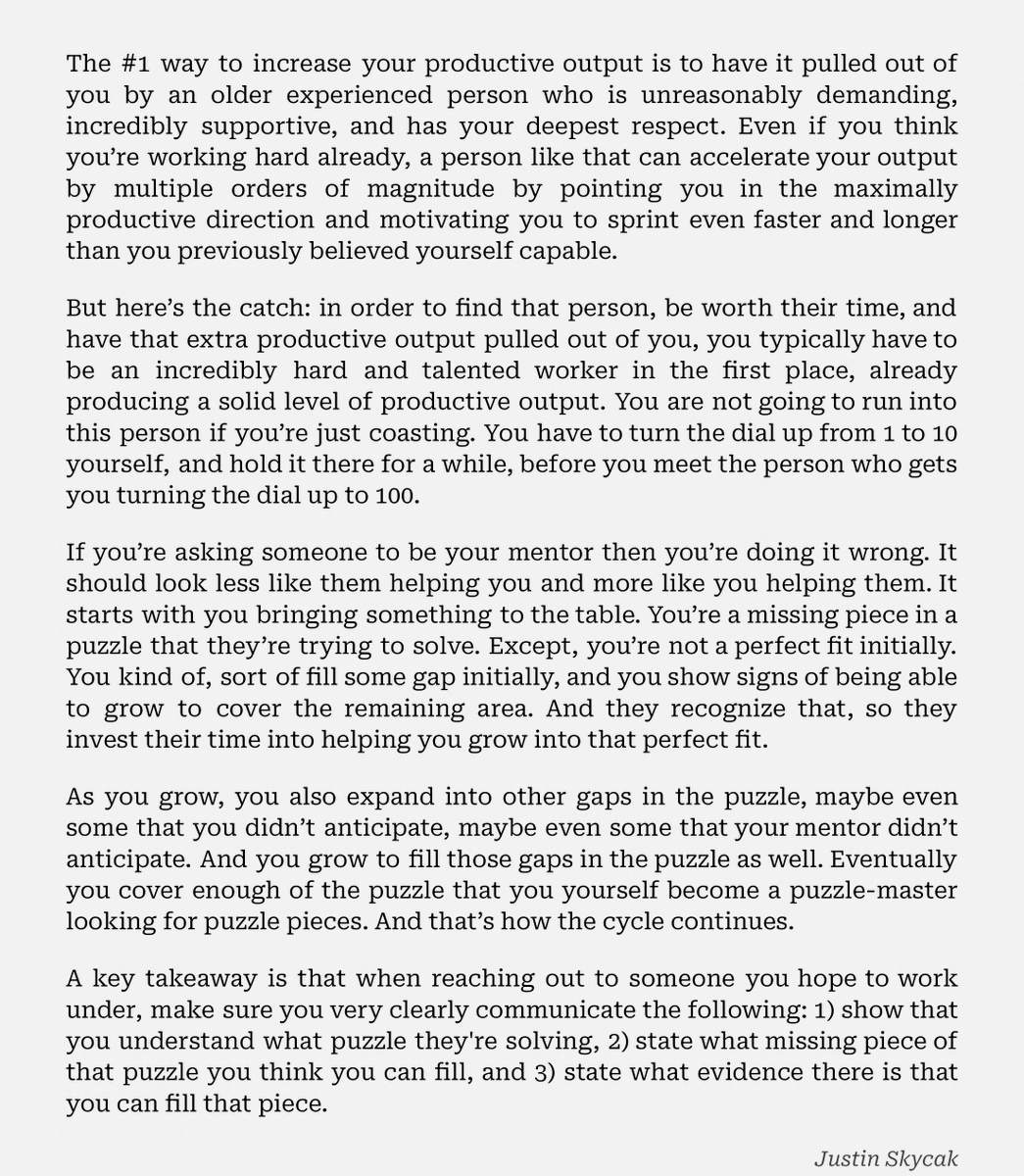 justinskycak's tweet photo. The #1 way to increase your productive output is to have it pulled out of you by a mentor. But if you're asking someone to be your mentor, then you're doing it wrong. https://t.co/nRZHUnQgmw