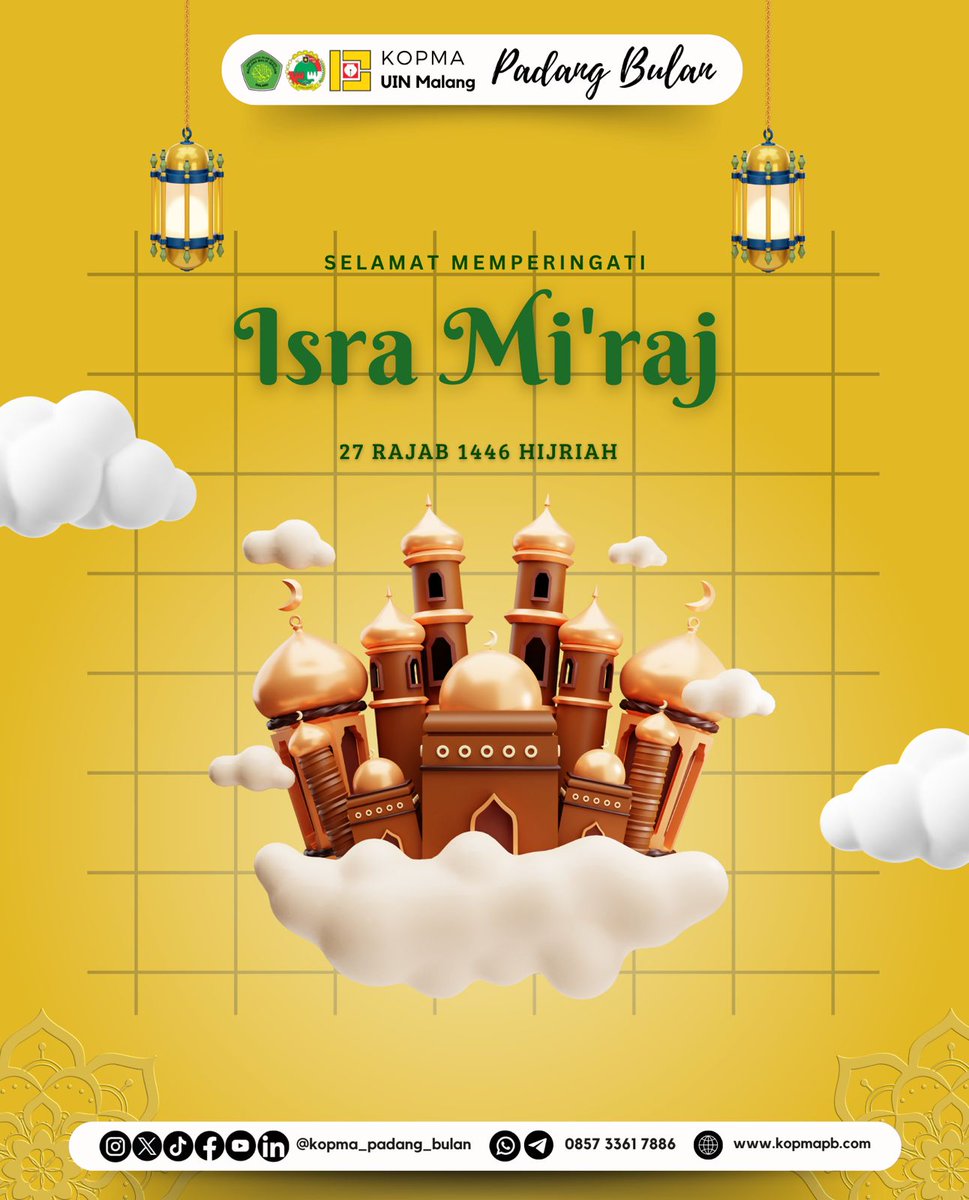 kopma_pb's tweet photo. 💫Koperasi Mahasiswa Padang Bulan💫
Mengucapkan 

*Selamat memperingati Isra' Mi'raj 1446 H* 🕌✨

Semoga kita dapat mengambil hikmah dari perjalanan spiritual Rasulullah SAW ini dan semakin meningkatkan keimanan serta ketakwaan kita. https://t.co/q58R4RzLez