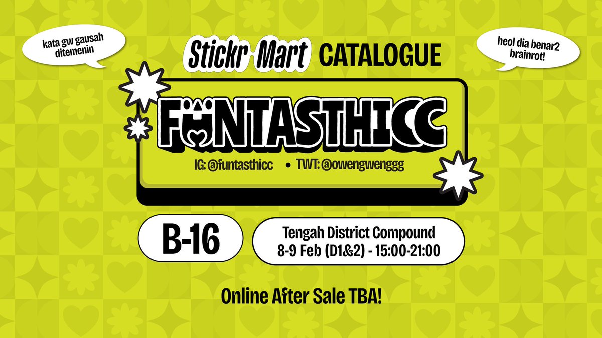 Dubur dubur ikan lele, katalog StickrMart Oweng hadir leee 🔥

📍Tengah District Compound
🗓️ 8-9 February, 15.00 - 21.00

Karena produknya banyak, jadi aku available onsite only ya (nanti takut kalian ribet buat pilih produknya)

Online after sales menyusul setelah event!!!